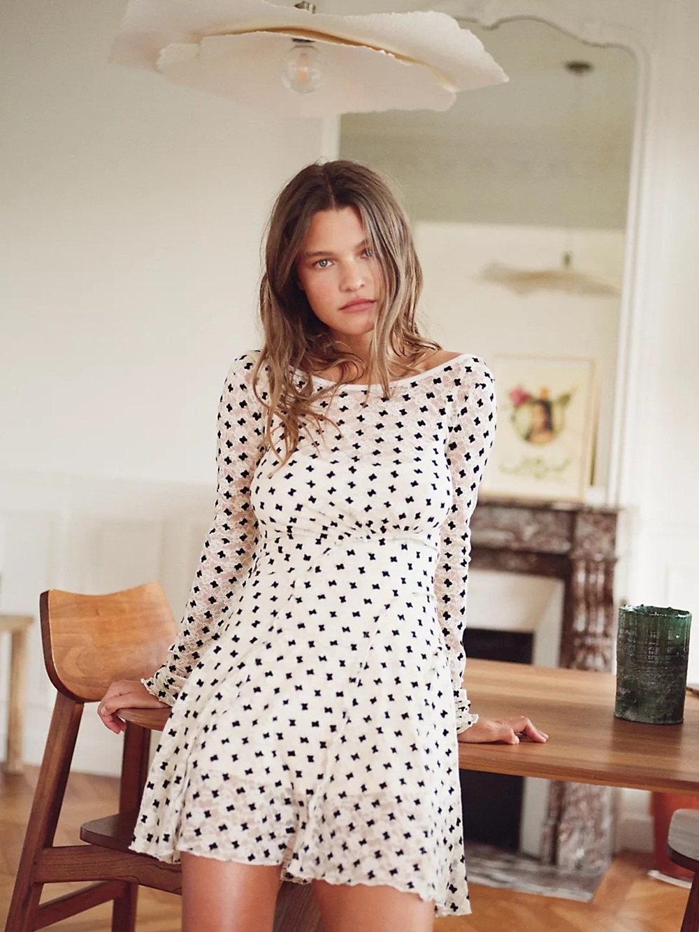 Free People White Mini Dress with Black Star Dot Print